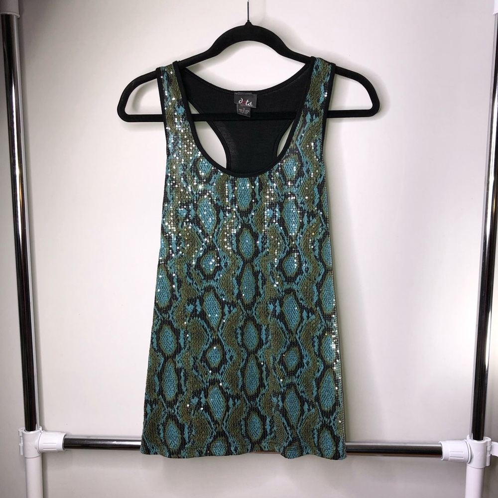 Dots Blue Green Teal Snakeskin Sequin Blouse Small Top